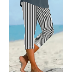 Women Striped Capris Elastic Waist Pants Casual Summer Trousers