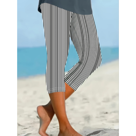 Women Striped Capris Elastic Waist Pants Casual Summer Trousers