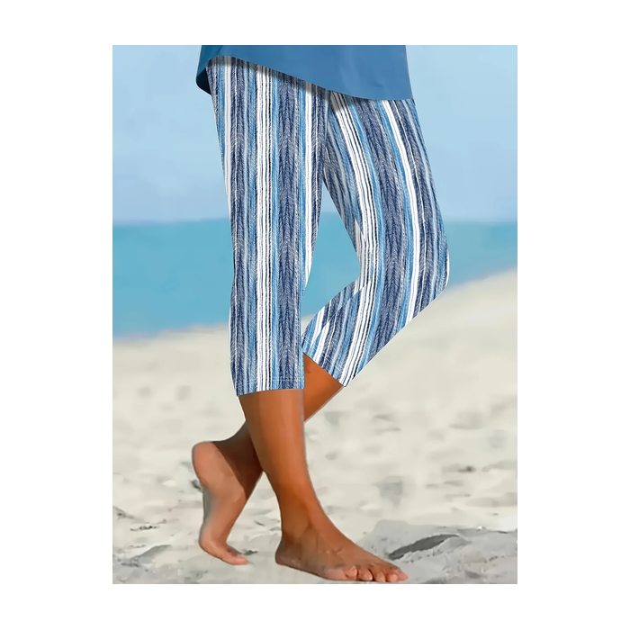 Women Striped Capris Elastic Waist Pants Casual Summer Trousers