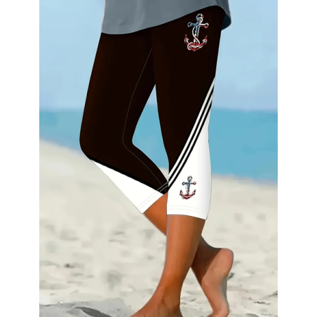 Women Anchor Capris Elastic Waist Pants Casual Summer Trousers