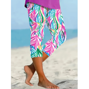 Women Floral Capris Elastic Waist Pants Casual Summer Trousers