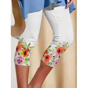 Women Floral Capris Elastic Waist Pants Casual Summer Trousers