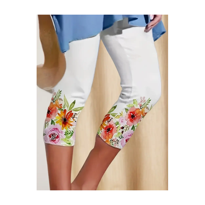 Women Floral Capris Elastic Waist Pants Casual Summer Trousers