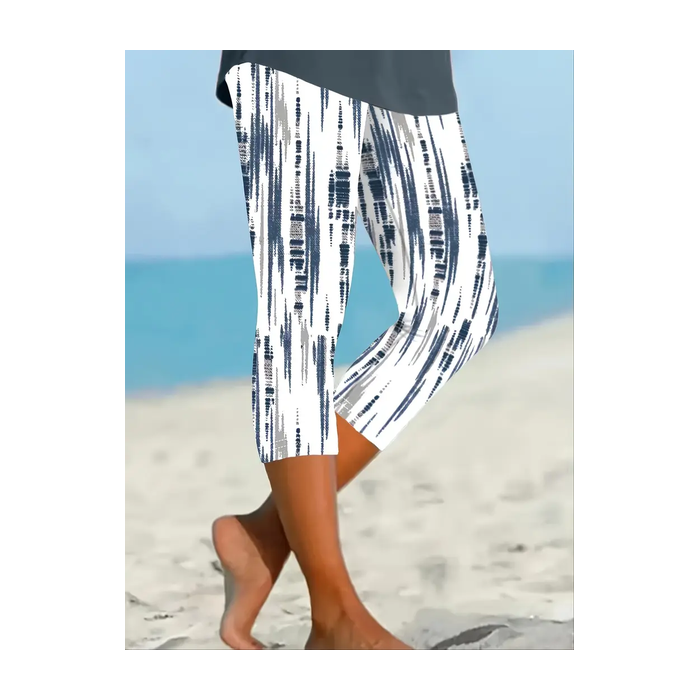 Women Abstract Stripes Capris Elastic Waist Pants Casual Summer Trousers