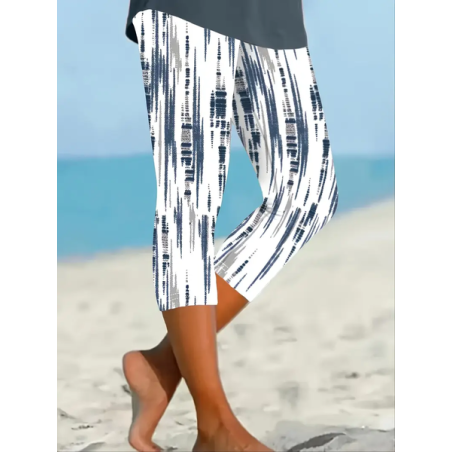 Women Abstract Stripes Capris Elastic Waist Pants Casual Summer Trousers