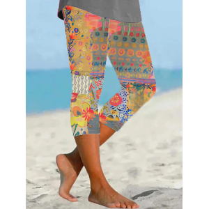 Women Floral Capris Elastic Waist Pants Casual Summer Trousers