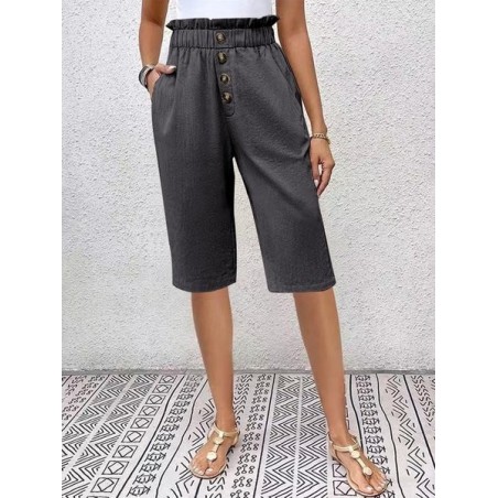 Women Plain Fifth Pants Elastic Waist Pants Casual Summer Trousers