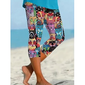 Women Cat Capris Elastic Waist Pants Casual Summer Trousers