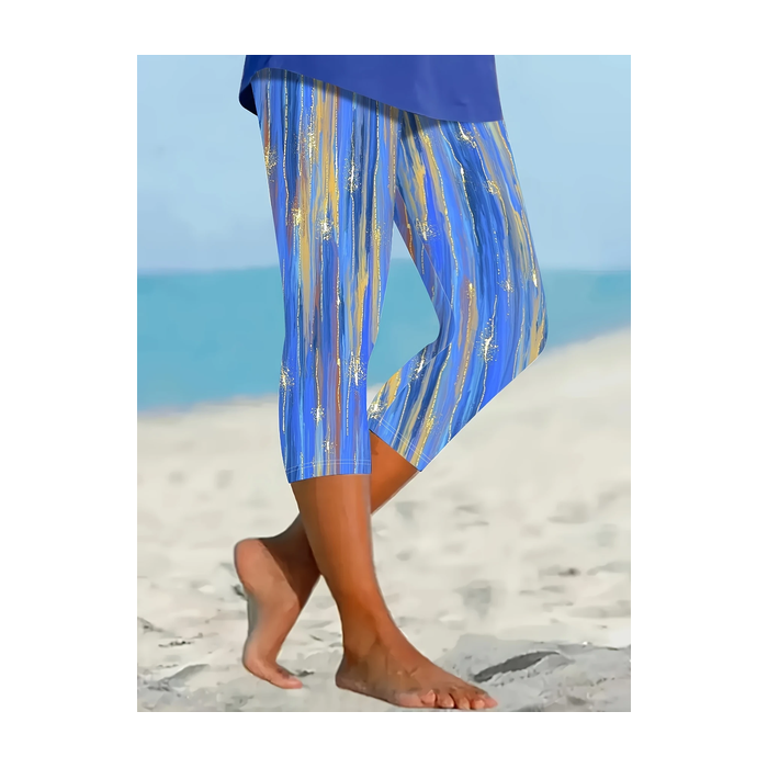 Women Abstract Capris Elastic Waist Pants Casual Summer Trousers