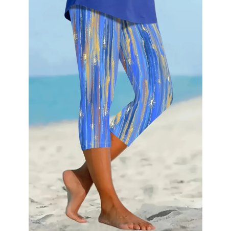 Women Abstract Capris Elastic Waist Pants Casual Summer Trousers