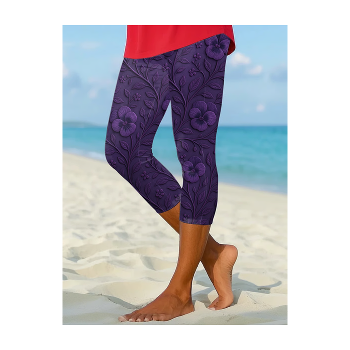 Women Floral Capris Elastic Waist Pants Casual Summer Trousers