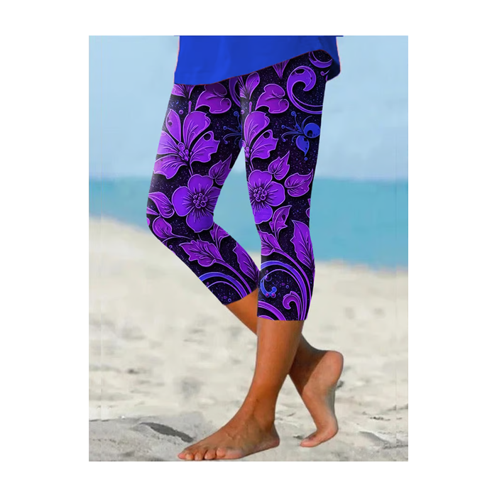 Women Floral Capris Elastic Waist Pants Casual Summer Trousers