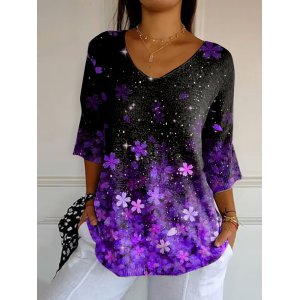 Women Floral Three Quarter Sleeve Tee T-shirt V Neck Printing Casual Spring/Fall Graphic Tee Top