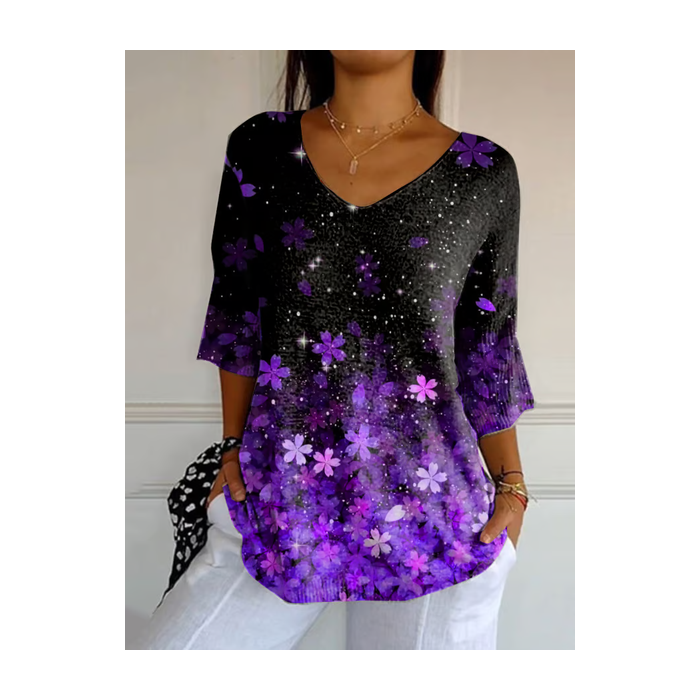 Women Floral Three Quarter Sleeve Tee T-shirt V Neck Printing Casual Spring/Fall Graphic Tee Top