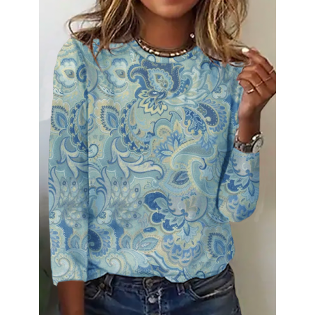 Women's Paisley Long Sleeve Tee T-shirt Crew Neck Vintage Spring/Fall Top