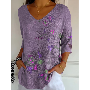Women Floral Three Quarter Sleeve Tee T-shirt V Neck Printing Casual Spring/Fall Graphic Tee Top