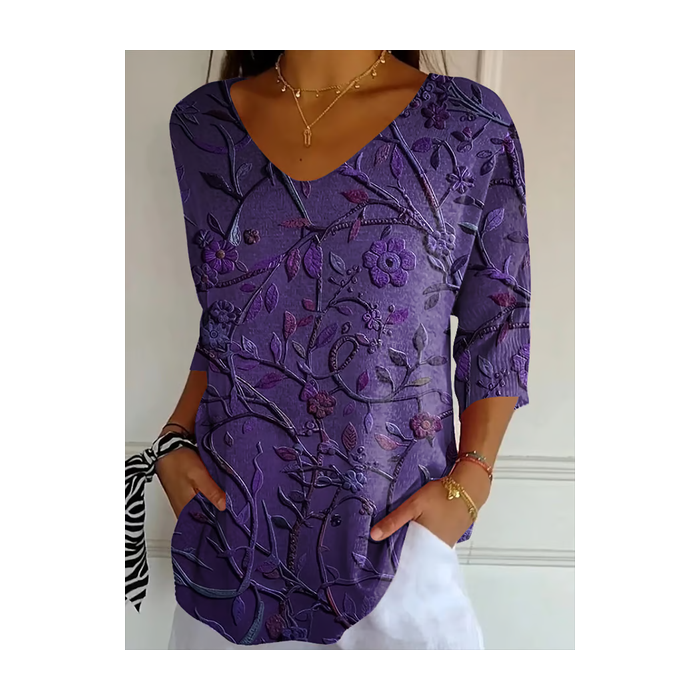 Women Floral Three Quarter Sleeve Tee T-shirt V Neck Printing Casual Spring/Fall Graphic Tee Top