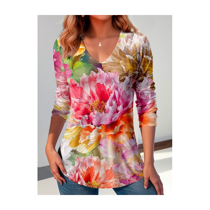 Women Floral Long Sleeve Tee T-shirt V Neck Printing Casual Spring/Fall Graphic Tee Top