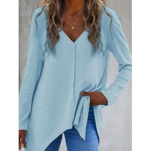 Women Plain Long Sleeve Tee T-shirt V Neck Split Joint Vintage Spring/Fall Top