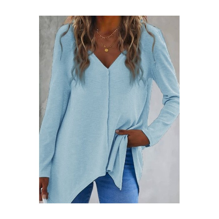 Women Plain Long Sleeve Tee T-shirt V Neck Split Joint Vintage Spring/Fall Top