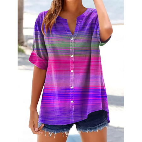 Women Abstract Stripes Short Sleeve Shirt Summer Printing V Neck Daily Casual Top