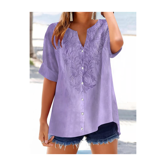 Women Floral Short Sleeve Shirt Summer Printing V Neck Daily Casual Top
