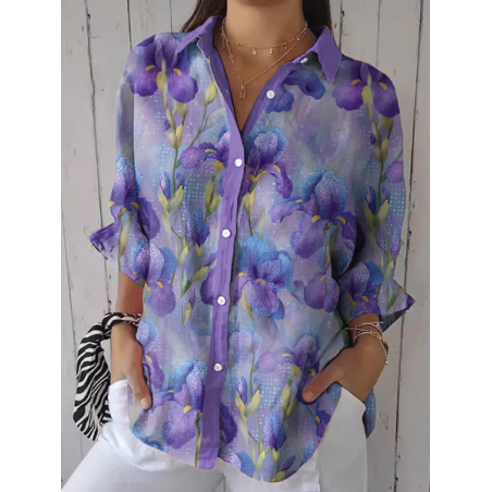 Women Floral Three Quarter Sleeve Shirt Spring/Fall Printing Shirt Collar Daily Casual Top