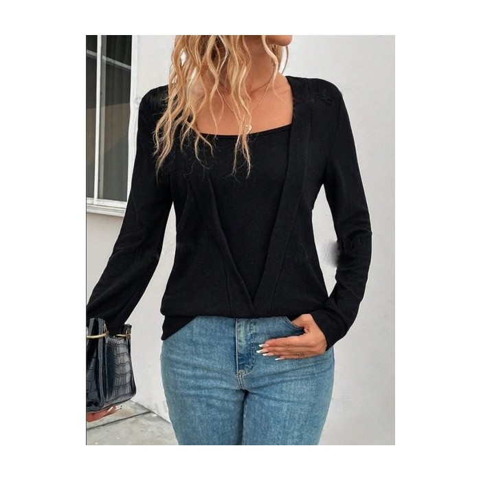 Women Plain Long Sleeve Tee T-shirt Crew Neck Split Joint Vintage Spring/Fall Top