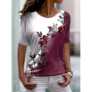Women's Short Sleeve Tee T-shirt Summer Floral Printing Crew Neck Casual Graphic Tee Top