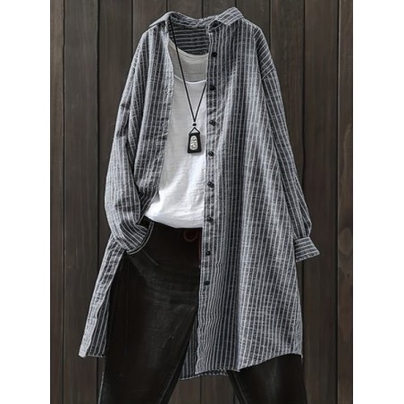 Women Striped Long Sleeve Shirt Spring/Fall Printing Stand Collar Daily Casual Top