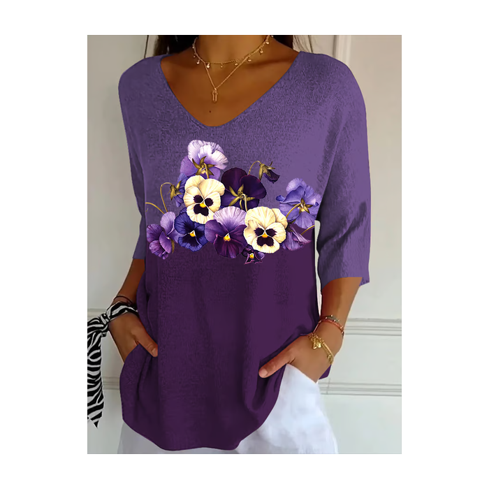 Women Floral Three Quarter Sleeve Tee T-shirt V Neck Printing Casual Spring/Fall Graphic Tee Top