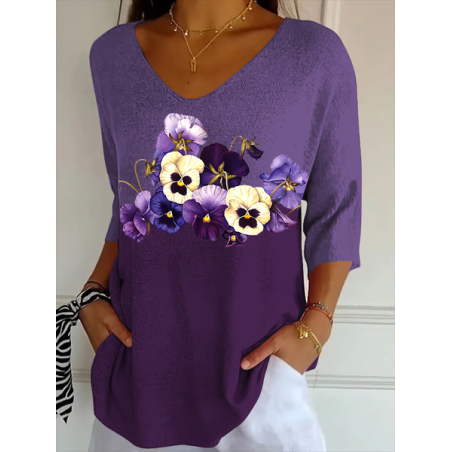 Women Floral Three Quarter Sleeve Tee T-shirt V Neck Printing Casual Spring/Fall Graphic Tee Top