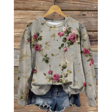 Women Floral Crew Neck Printing Casual Spring/Fall Long Sleeve Sweatshirt