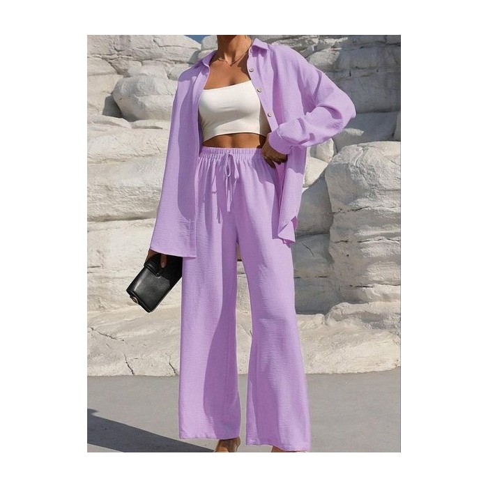 Women Plain Split Joint Two-Piece Set Daily Long Sleeve Casual Spring/Fall Top With Pants Matching Set
