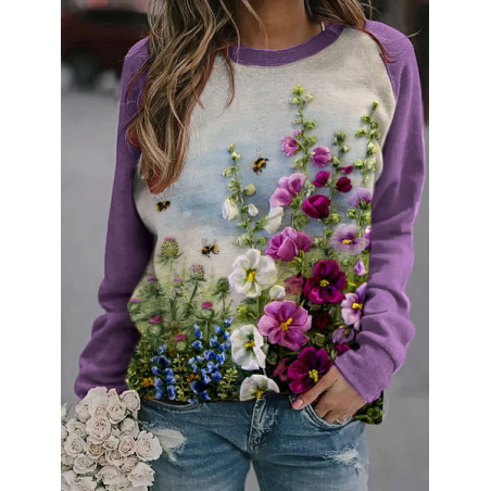 Women Floral Crew Neck Printing Casual Spring/Fall Long Sleeve Sweatshirt