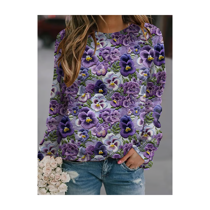 Women Floral Crew Neck Printing Casual Spring/Fall Long Sleeve Sweatshirt