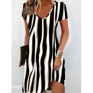 Women Striped Short Sleeve Summer Printing Dress V Neck Daily Casual Midi Fit & Flare Dress A-Line Dress