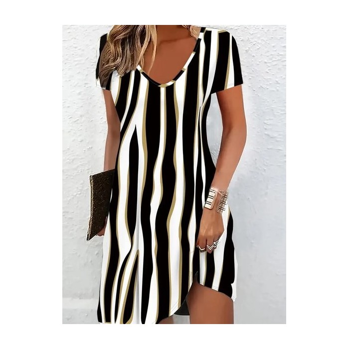 Women Striped Short Sleeve Summer Printing Dress V Neck Daily Casual Midi Fit & Flare Dress A-Line Dress