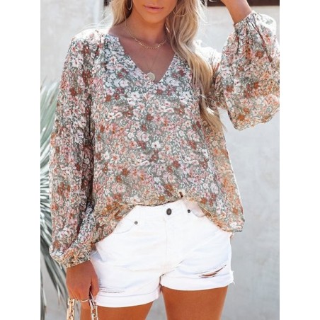 Women Floral Long Sleeve Shirt Spring/Fall Printing V Neck Balloon Sleeve Daily Casual Top