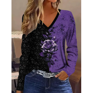 Women Floral Long Sleeve Tee T-shirt V Neck Printing Casual Spring/Fall Graphic Tee Top