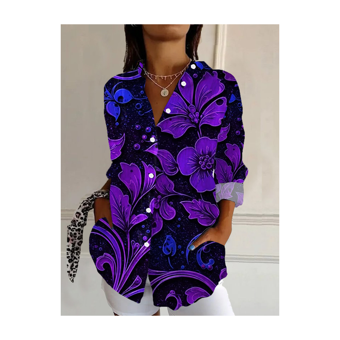 Women Floral Long Sleeve Shirt Spring/Fall Buckle Shirt Collar Regular Sleeve Daily Casual Top