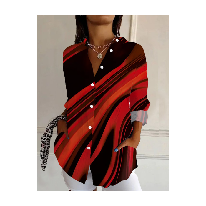 Women Abstract Long Sleeve Shirt Spring/Fall Buckle Shirt Collar Regular Sleeve Daily Casual Top