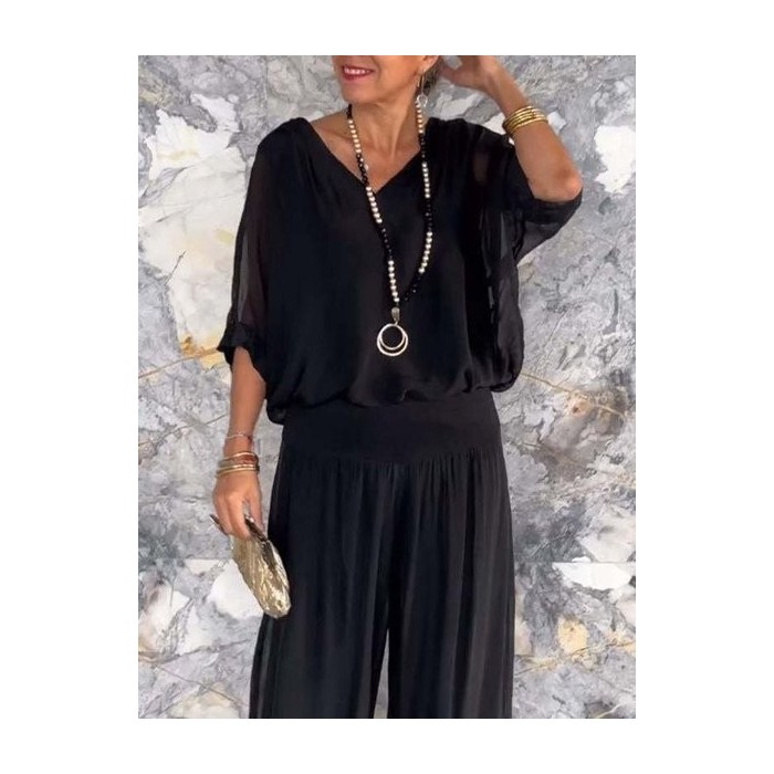 Women Plain Split Joint Two-Piece Set Daily Half Sleeve Casual Summer Top With Pants Matching Set