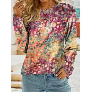 Women Abstract Long Sleeve Tee T-shirt Crew Neck Printing Casual Spring/Fall Graphic Tee Top