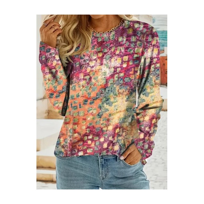 Women Abstract Long Sleeve Tee T-shirt Crew Neck Printing Casual Spring/Fall Graphic Tee Top
