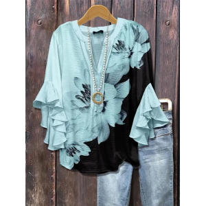 Women Floral Half Sleeve Shirt Summer Printing V Neck Daily Casual Top