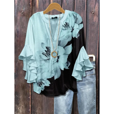 Women Floral Half Sleeve Shirt Summer Printing V Neck Daily Casual Top