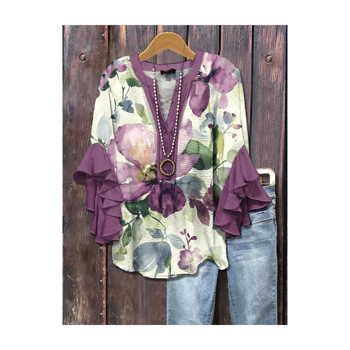 Women Floral Half Sleeve Shirt Summer Printing V Neck Daily Casual Top