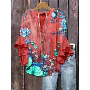 Women Floral Half Sleeve Shirt Summer Printing V Neck Daily Casual Top