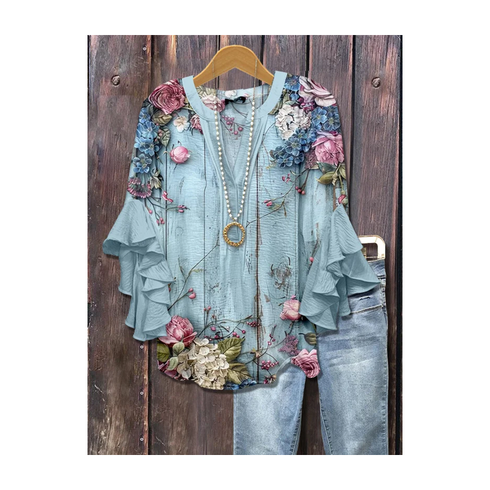Women Floral Half Sleeve Shirt Summer Printing V Neck Daily Casual Top